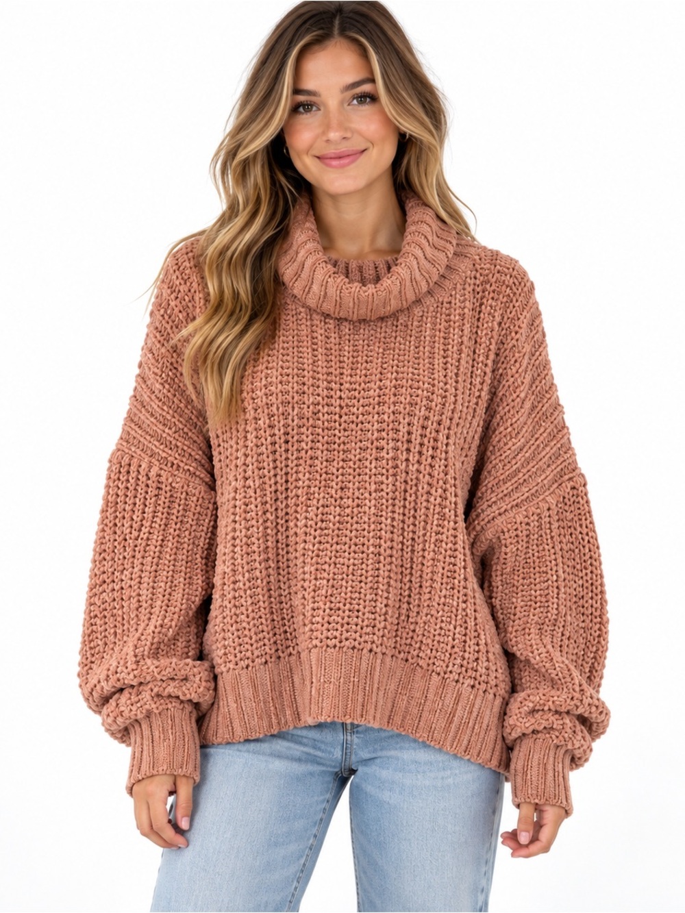 Easel Dusty Rose Chunky Knit Cowl Neck Oversized Sweater M